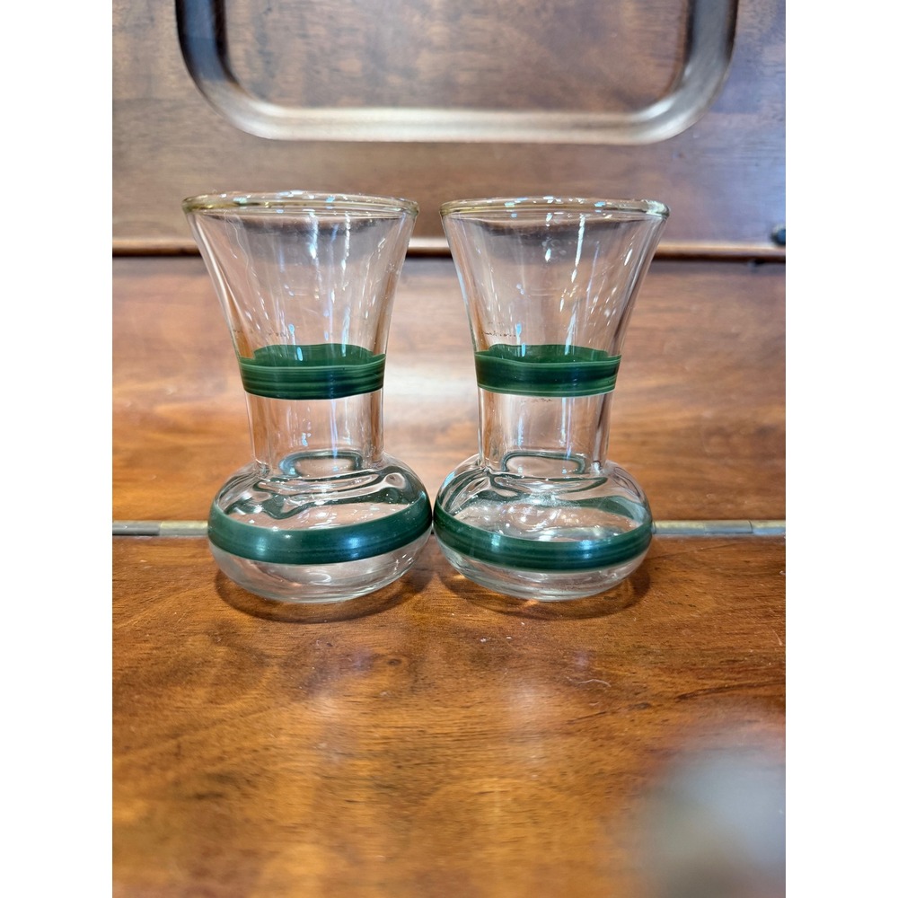 Vintage Hand Blown Glass Bud Vases Pair Green Banded Clear Hourglass 4 Inch